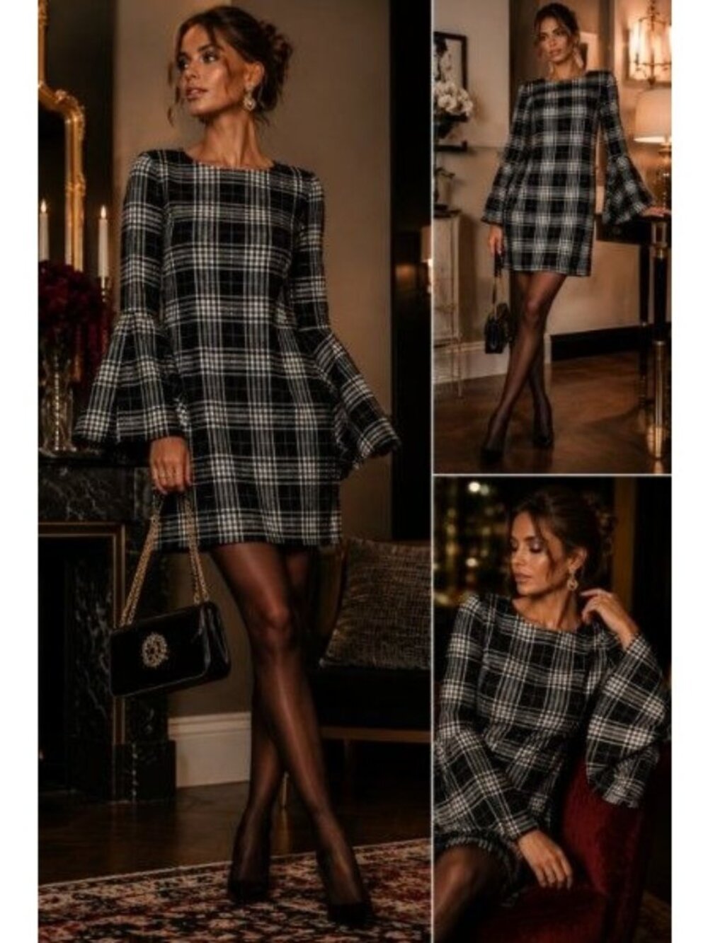 Alice + Olivia Plaid Bell Sleeve Shift Dress S Mod Chic Preppy Office Mini Dress